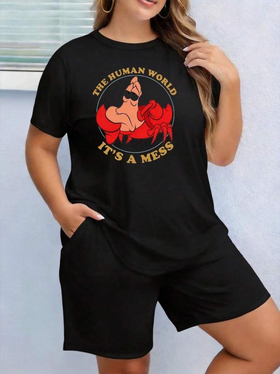 Women's Short-Sleeved T-Shirt With Letter Print, Cartoon Character Print, Bows, Stars, Hearts, Rainbows And Text, Round Neck, In Retro Vintage Y2K Style, For Plus Sizes, Ideal For Casual Daily Wear, Dates Or Casual Wear, Versatile, Comfortable, Soft And Breathable, High Quality. - 黑色 - 查看 1