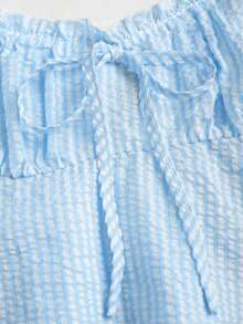 Conjunto de 2 piezas de blusa de manga de pétalo a rayas estilo francés dulce y pantalones rectos holgados para mujer, de primavera/verano - Azul - Ver 6