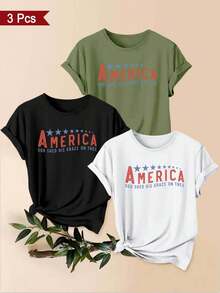 Women's T-Shirts, 1-Piece Set With Letter Print And Star Embellishments. A Beautiful, Elegant, Casual, And Sporty Women's Garment, Ideal For Holiday Gifts, Machine Washable, Short-Sleeved Top With A Round Neck. - 1件白色隨機圖案 - 查看 5