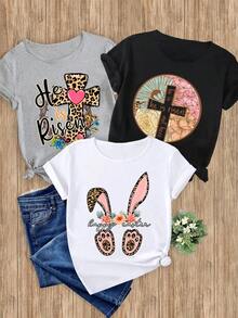 Women's T-Shirts, 1-Piece Set With Leopard Print, Cross And Flower Pattern, Elegant 1-Piece For Party, Casual Fashion, Sports, Gift, Soft And Machine Washable, Short-Sleeved Top With Round Neck. - 1件黑色隨機圖案 - 查看 6