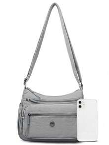 Casual Nylon Shoulder Bag With Adjustable Strap, Multi-Compartment, Solid Color, Zipper Closure, Polyester Lining, Lightweight And Convenient Crossbody Bag For Daily Use - Grey - View 7