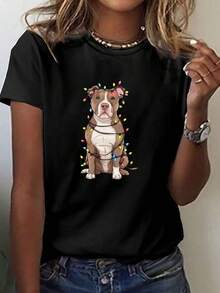 Women's Christmas T-Shirt With Pitbull And Lights Print - Crew Neck, Short Sleeve, Comfortable And Stretchy Fit, Machine Washable, Festive Graphic Fabric For All Seasons, Medium Size - 黑色 - 查看 1
