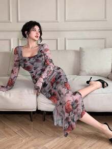 Vestido con estampado floral de primavera y verano, vestido elegante de manga larga transparente con dobladillo de sirena ajustado para festival de música, boda, fiesta, vestido de paseo - Rojo - Ver 8