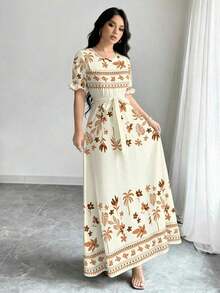 Vestido de línea A de manga larga con cuello redondo con estampado digital floral y geométrico para mujer, primavera - Multicolor - Ver 4