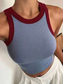 Top corto de mujer de unicolor negro ajustado para gimnasio - Azul - Ver 8