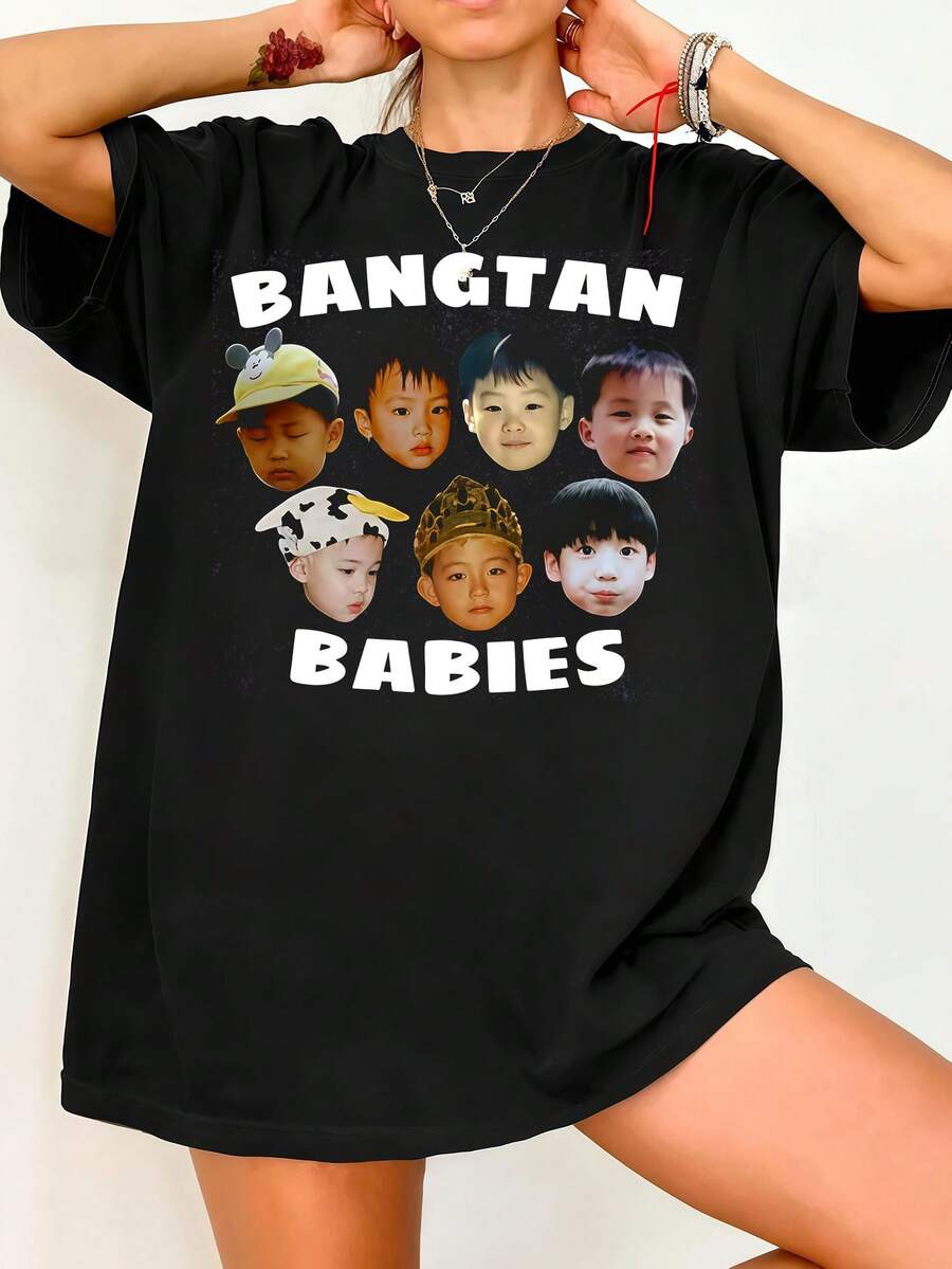 Arirang Army Shirt Outfit, Bang Tan Babies Vintage Washed T-Shirt, K-Pop Concert World Tour Shirt, Bangtan Oversized Fit. Vintage Graphic Print Casual Black Cotton Short-Sleeve T-Shirt - 黑色 - 查看 1
