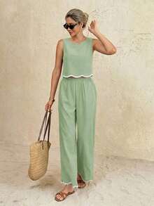 Conjunto de 2 piezas de top de tirantes y pantalones de moda casual de vacaciones para mujer - Verde - Ver 3