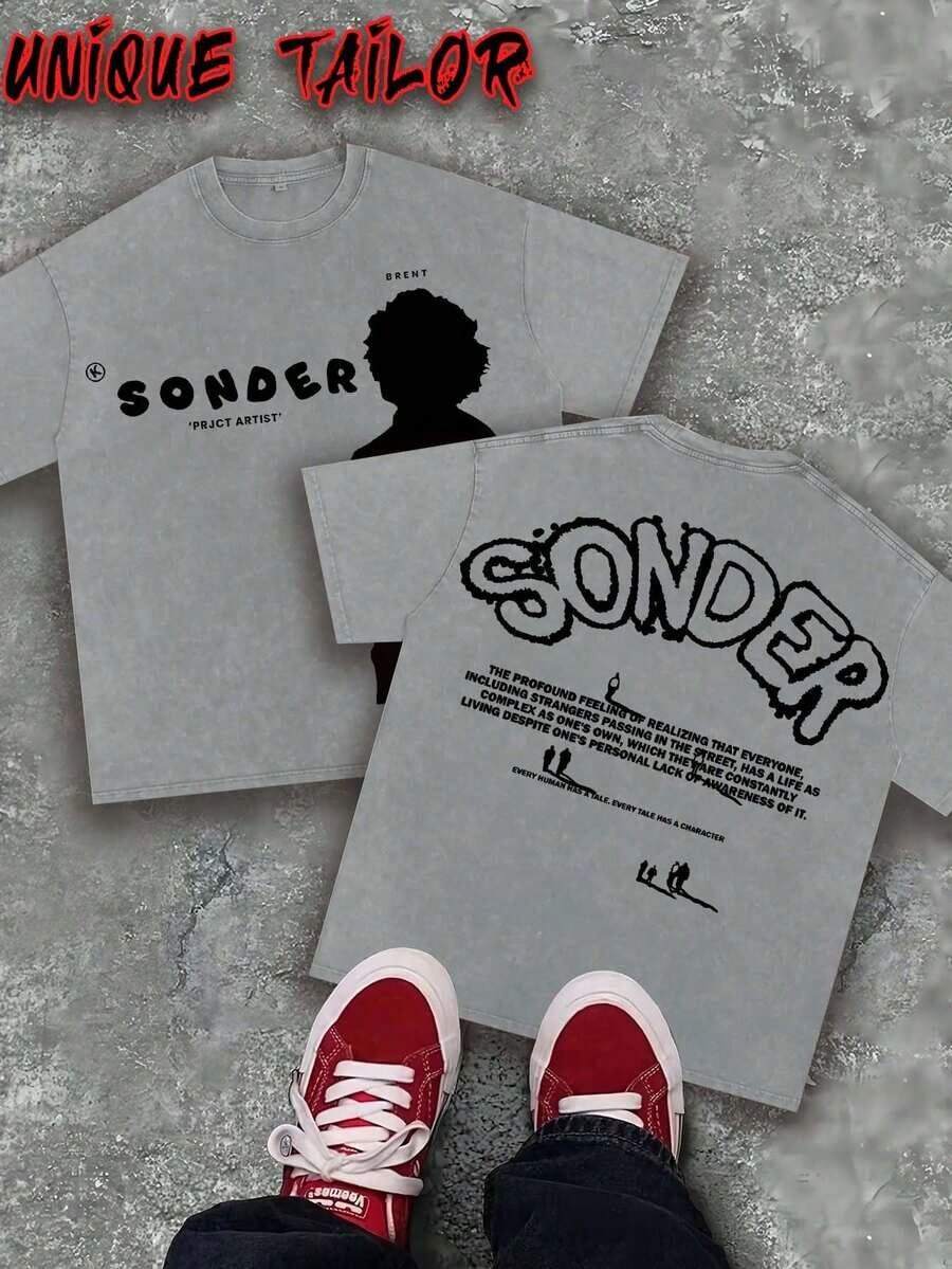 Unique Tailor - (230g Algodón Puro) Camiseta de Hombre con Estampado de Patrón "SONDER" en Rosa Retro, Cuello Redondo de Algodón Suave Lavado, Adecuada para Uso Casual - Lavado a Máquina, Esenciales de Verano, Ropa para Exteriores, Estilo Retro, Tejido Transpirable, Camiseta de Manga Corta, Estilo Y2K - Gris - Ver 1