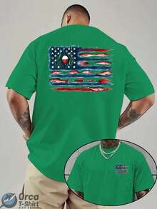 American Flag And Fish Print Short-Sleeve T-Shirt Featuring A Design That Combines The American Flag With Fishing Elements. Suitable For Outdoor Fishing Enthusiasts To Wear In The Summer. Ideal As A Father's Day Gift Or A Special Present For Fishing Lovers. Summer Outfits For Women,Vacation Outfits Women,4th Of July Outfit Women - 白色 - 查看 10