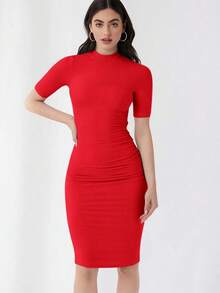 Vestido ajustado unicolor de cuello alto - Rojo - Ver 2