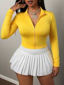 Chaqueta básica casual de ajuste ceñido con cremallera, cuello en V y manga larga para otoño/invierno - E - Amarillo - Ver 8