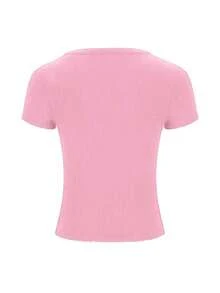 Camiseta casual ajustada de mujer con cuello en V, manga corta y corta - Rosa - Ver 3
