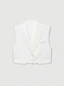 Chaqueta de chaleco con solapa y decoración de solapa de unicolor casual para mujer, primavera - Blanco - Ver 1
