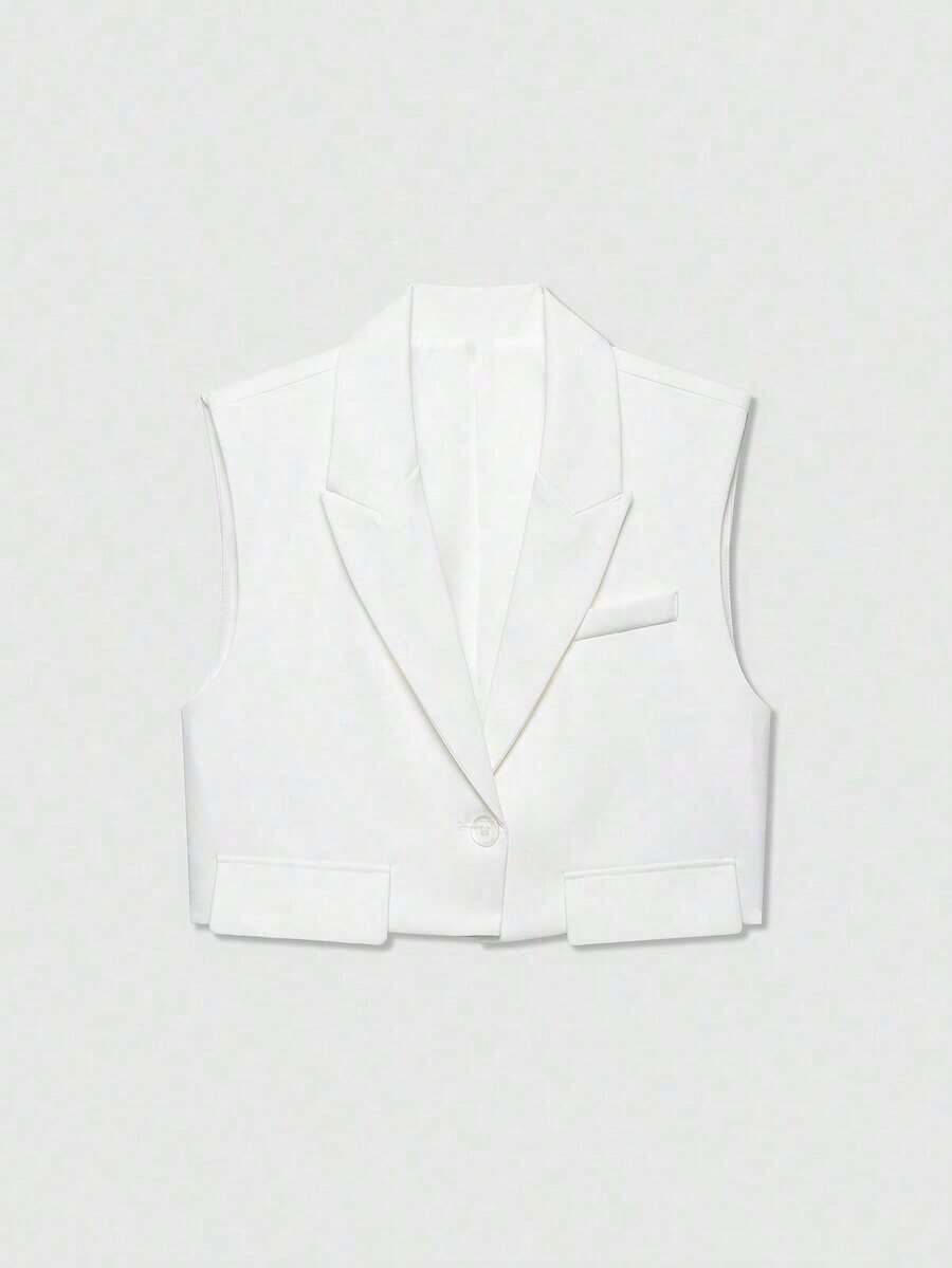 Chaqueta de chaleco con solapa y decoración de solapa de unicolor casual para mujer, primavera - Blanco - Ver 1