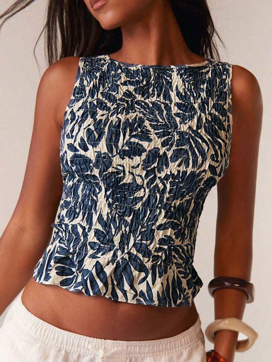 Blusa casual de mujer con volantes y estampado de cuadros - Azul - Ver 1