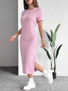 Vestido casual de verano de manga corta tejido a rayas en blanco y negro con estampado - Rosa vieja - Ver 5