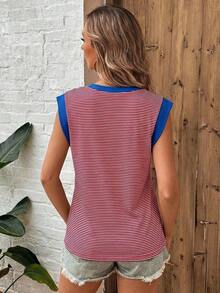 Camiseta casual de mujer con bloques de color y rayas, de verano - Rojo - Ver 5