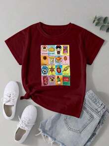 1 Piece Casual Fashion Item For Men And Women. Women's White Cotton Casual T-Shirt, Loose Fit, Round Neck, Short Sleeves, For Everyday Wear In Spring And Summer, With A Typical Mexican LOTERIA 2 Design. Versatile, Easy To Match, Suitable For Daily Wear, Urban Style, Vacation Outfits, Weekend Outfits. - 紅色的 - 查看 6
