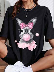 1 Piece Of Adorable Bunny Print T-Shirt, White, Pink, Leopard Print, Bow And Bubblegum Glasses, For Casual And Everyday Style, 180g, 100% Cotton. - 黑色 - 查看 1