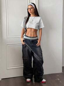 Top corto asimétrico de mujer con cuello blanco y flecos, camiseta de manga corta de moda versátil Y2K oversize y sexy, para primavera/verano - Gris Claro - Ver 6