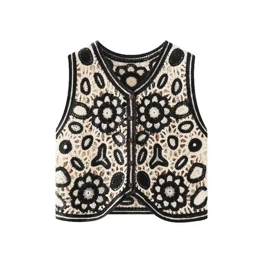 Chaleco de ganchillo con bordado Floral para mujer, Top de verano para playa, cárdigan, chaleco, traje de vacaciones bohemio Chic - Negro - Ver 1