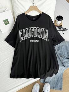 Plus Size Short-Sleeved T-Shirt With Dropped Shoulders And Letter Graphic - 黑色 - 查看 5