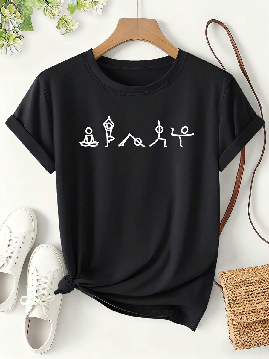 Women's Mexican Basic T-Shirt With Yoga Figure Print, Fun Style Spring/Summer 2026, Short Sleeve, Lightweight, Sporty, For Everyday Wear, Loose Fit, Versatile And Modern Sports-Themed Design, Women's Clothing Sizes S-XXL, New Release - 黑色 - 查看 1