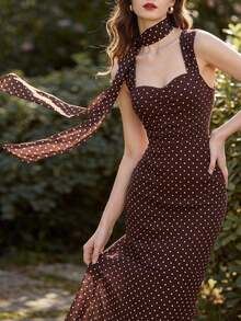 Vestido elegante vintage de mujer con estampado de lunares, vestido ajustado de malla de gasa, vestido casual de oficina para vacaciones, vestidos de verano para mujer, atuendos de festival, vestidos de fiesta para el Día de la Madre, vestidos elegantes para fiestas, vestidos elegantes para bodas, vestidos de graduación, vestidos de fiesta, atuendos de vacaciones, vestidos de campo, vestidos elegantes para ceremonias - Marrón - Ver 3