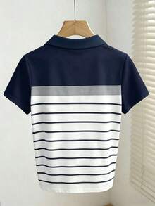 Blusa casual de mujer con cuello polo a rayas y manga corta - Blanco 4 - Ver 2
