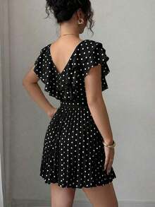Vestido elegante y romántico para vacaciones con cuello en V con volantes, cintura ceñida y estampado de lunares en forma de línea A para mujeres - Multicolor 7 - Ver 2