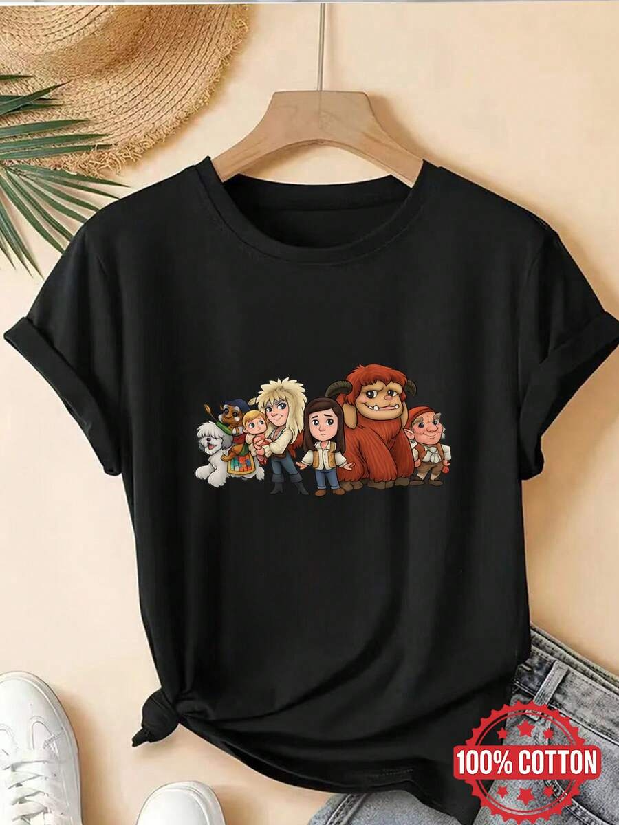 Camiseta de manga corta para mujer con personajes de una película de fantasía ambientada en un laberinto de moda - Negro - Ver 1