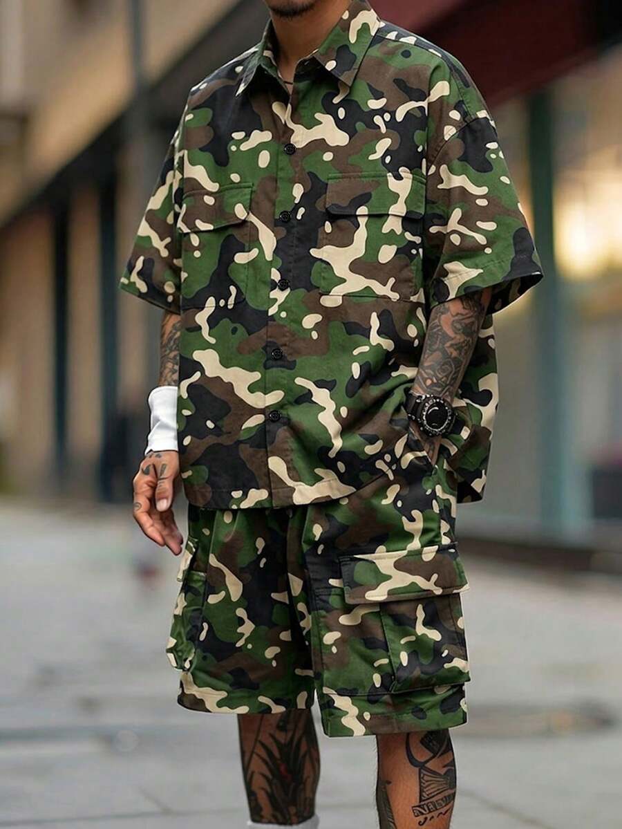 Men's Camo 2 Pieces Set: Short Sleeve Collared Shirt And Cargo Shorts - Army Green - View 1