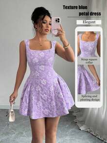 Vestido mini azul de mujer con cuello ancho, sin mangas, cintura recogida y textura de jacquard, elegante y romántico para graduación, baile de graduación, fiesta, festival de música, vacaciones - Púrpura malva - Ver 8