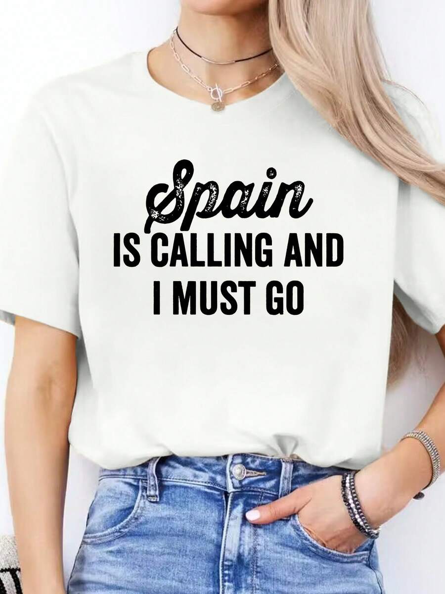 Camiseta Casual de Primavera/Verano con Estampado de Letras Españolas, Estilo Minimalista Moderno, Manga Corta, Deportiva, para Mujer, Uso Diario - Blanco - Ver 1