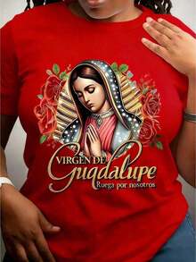 1 Piece Fashion Casual T-Shirt For Men And Women With Religious Print Of The Virgin Of Guadalupe, Catholic Faith Symbol Design, For Outdoor Activities And Casual Wear, Short Sleeve Sport Style For All Seasons - Very Versatile, Easy To Match, For Daily Wear, Urban Style, Holiday Wear, Weekend Wear. - 紅色 - 查看 7