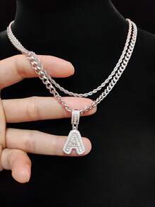 Bộ 2 món: 1 mặt dây chuyền chữ cái đính đá Cubic Zirconia & 2 dây chuyền thép không gỉ, 26 chữ cái tiếng Anh, Dây chuyền mặt dây chuyền phong cách hip hop cổ điển dành cho nữ, Thích hợp đeo hàng ngày hoặc dự tiệc, Quà tặng ngày Valentine - Bạc - Xem 7