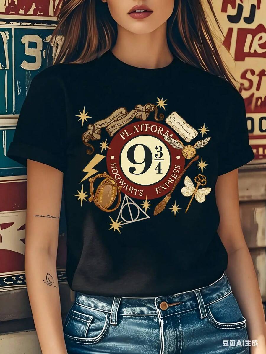 Camiseta suelta para mujeres con manga enrollada en negro con diseño de Express y , ideal para eventos temáticos y ocio, cuello redondo y manga corta casual. - Negro - Ver 1