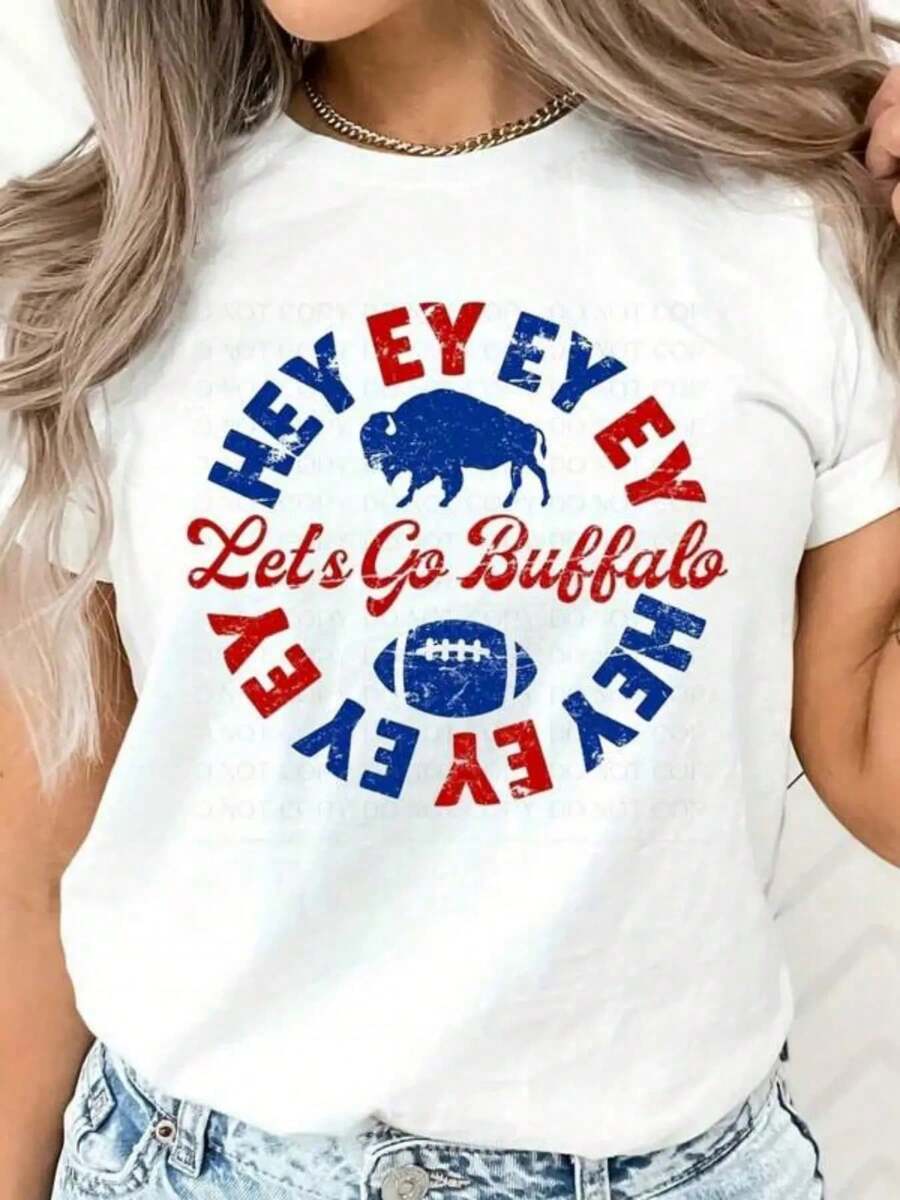 Women's Summer T-Shirt, Buffalo Team, Funny Text Print, Short Sleeve White, Cotton, Casual Round Neck, Regular Fit, Soft And Breathable, Suitable For Year-Round Wear And Daily Commuting, Casual, Perfect As A Holiday Or Friends Gift. - 白色 - 查看 1