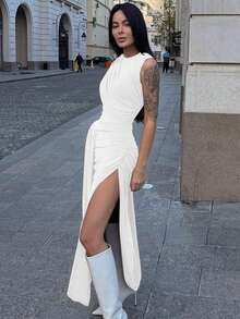 Sleeveless Dress With Round Neck, Pleats, Slit, Fitted Cut, Elegant Modern Unique Style For Women - White - View 3