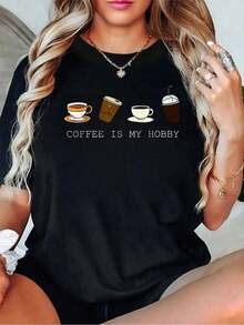 Cotton T-Shirt With The Text "Coffee, My Hobby," Fun, For Coffee Lovers And Hobbyists. Printed With A Round Neck For Summer. Soft Short-Sleeved T-Shirt For Women. Stylish And Comfortable T-Shirt. Graphic T-Shirts. Women's Blouses/Shirts - 黑色 - 查看 8
