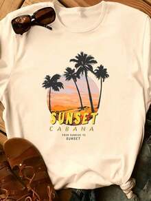 Soft 100% Cotton T-Shirt, 100% Pure Cotton, New Summer Style, Printed T-Shirt With Sleeves, Printed T-Shirt For Women. | Casual Style, For All Seasons, Cartoon Print, Crew Neck, Regular Fit. | Machine Washable, Suitable For Everyday Wear And Parties. A Gift For Family, Siblings, Friends, Parents, Or Teachers. Breathable Cotton T-Shirt, Goes With Everything. - 杏色 - 查看 1