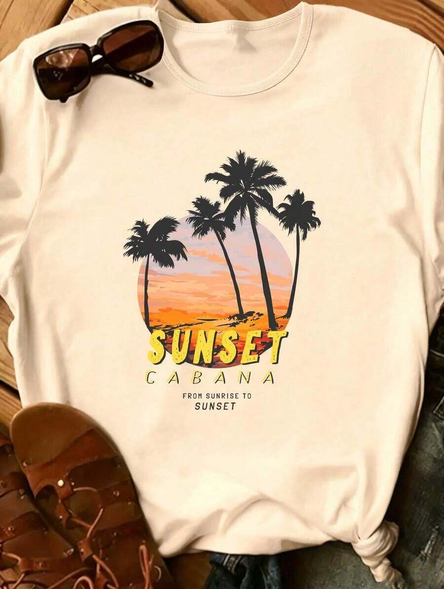 Soft 100% Cotton T-Shirt, 100% Pure Cotton, New Summer Style, Printed T-Shirt With Sleeves, Printed T-Shirt For Women. | Casual Style, For All Seasons, Cartoon Print, Crew Neck, Regular Fit. | Machine Washable, Suitable For Everyday Wear And Parties. A Gift For Family, Siblings, Friends, Parents, Or Teachers. Breathable Cotton T-Shirt, Goes With Everything. - 杏色 - 查看 1