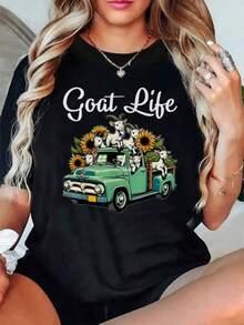 1 Vintage T-Shirt For Women With Goat And Sunflower Design - Soft, Breathable, Lightweight, Black, Round Neck, Short Sleeve, Loose Fit, Casual, Suitable For Casual Wear, Country Style Clothing, Unisex Design, Machine Washable, Comfortable For All Seasons, 180g 100% Cotton. - 黑色 - 查看 6