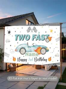 Customizable Racing Car Theme Happy Birthday Background Cloth, Personalized Name Design, Racing Car Party Cake Smash Portrait Photography Backdrop, Made Of Vinyl Material, Two Fast Birthday Banner For Kids - Multicolor - View 5