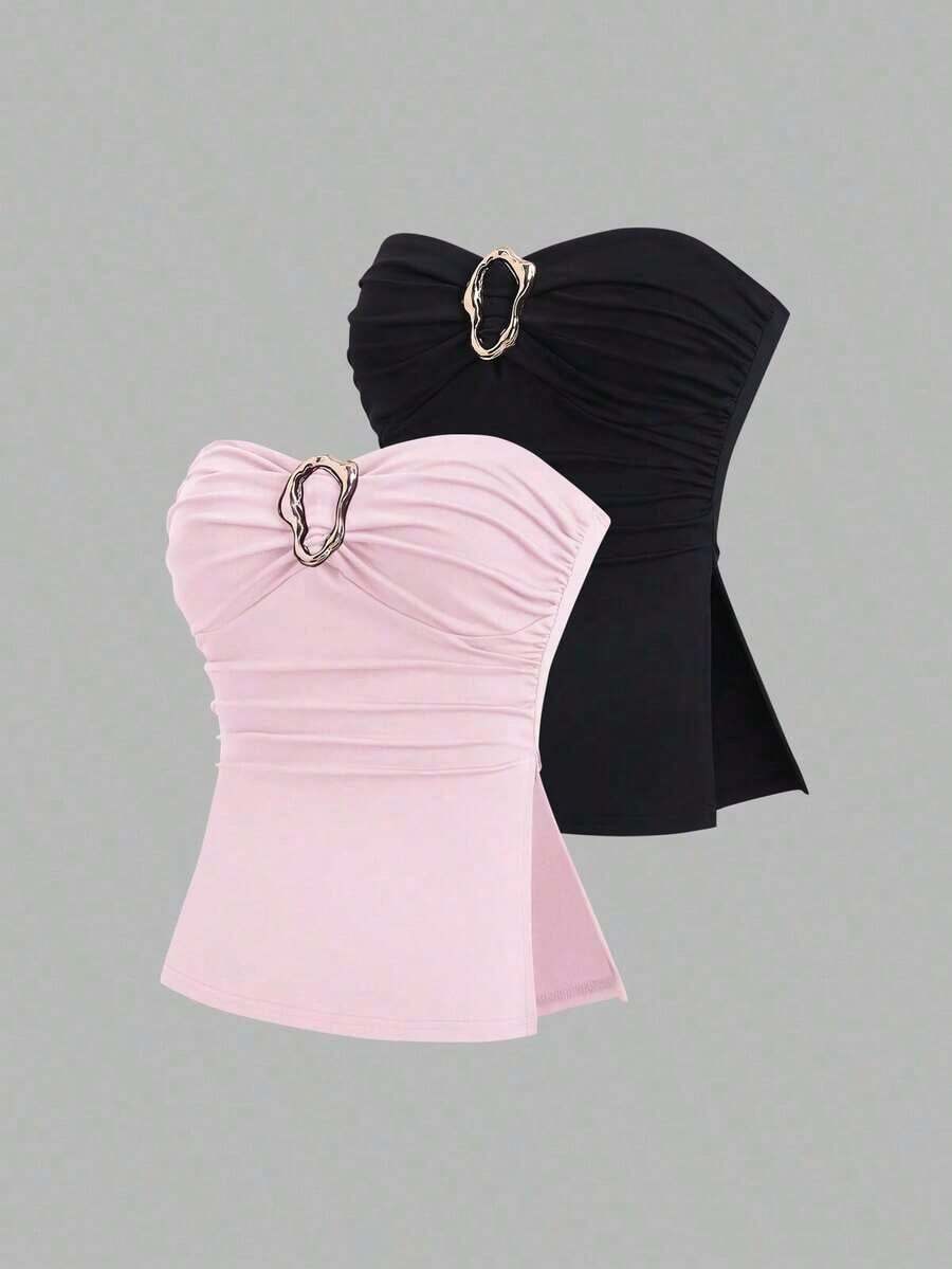 Top corto con pliegues tipo bandeau de moda casual para mujer - Multicolor 4 - Ver 1