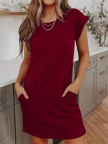Vestido casual de bolsillo de unicolor para uso diario y viajes, verano - Burdeos - Ver 2