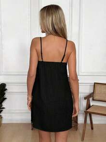 Vestido camisero casual de vacaciones para mujer con decoración bordada de flores 3D - Negro - Ver 7