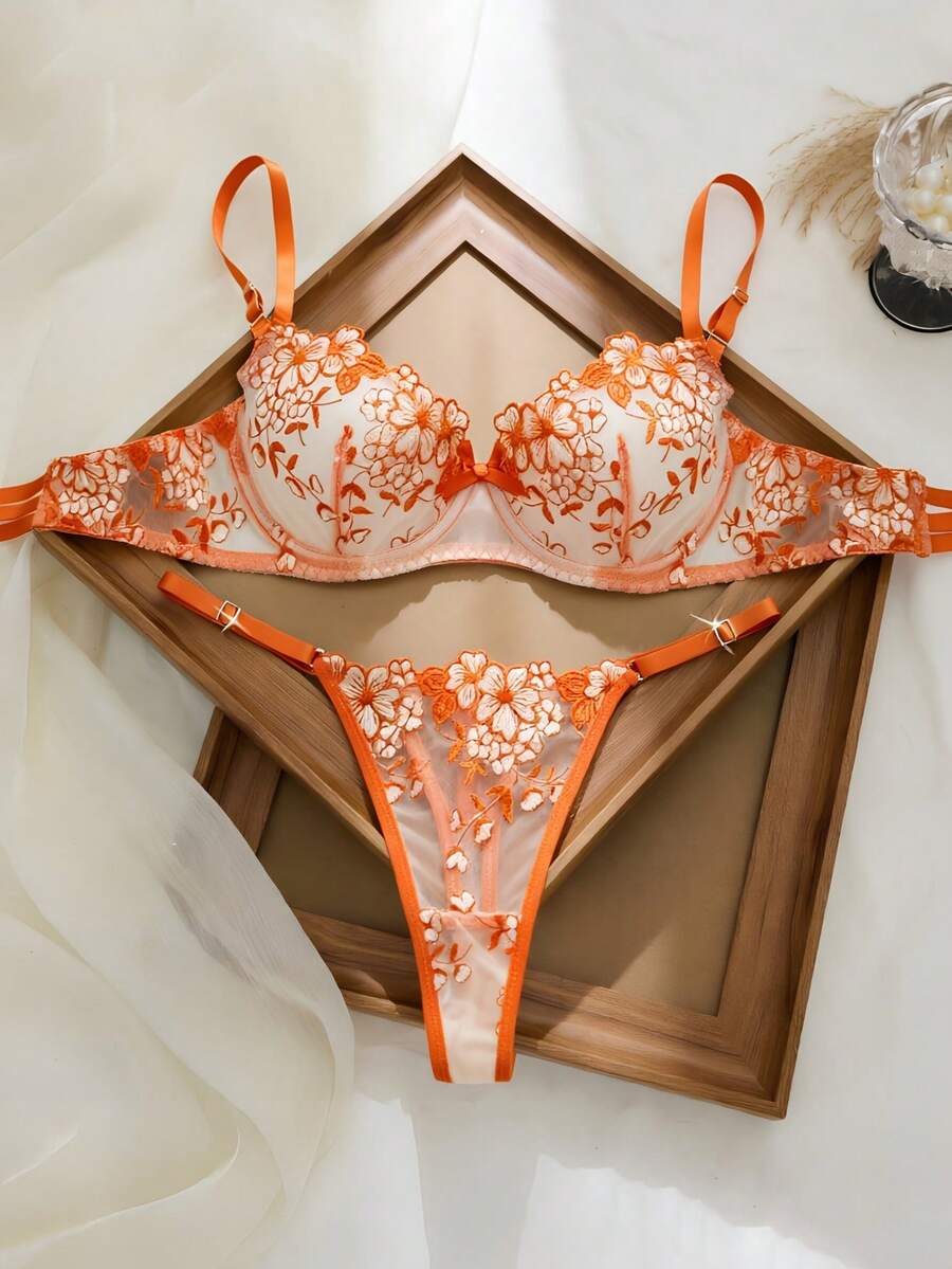 Halloween Style Sexy Transparent Floral Lace Lingerie Set For Women, Exquisitely Designed With Soft And Skin-Friendly Fabric, Available In 8 Vibrant Colors To Choose From. - 橘色 - 查看 1