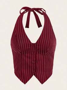 Top halter con botones y estampado de rayas, atuendos de verano - Burdeos - Ver 5