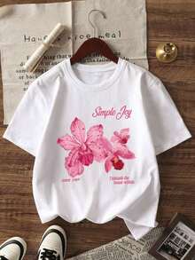 Camiseta de manga corta con estampado floral de orquídeas rosas para mujer, diseño sencillo y versátil, estilo retro francés elegante, informal, de corte holgado, adelgazante, cómoda y transpirable, estilo grunge de lujo dulce retro americano. Camiseta de mujer, perfecta para el día a día, citas nocturnas, reuniones de chicas, sesiones de fotos de vacaciones, conjuntos de primavera y verano. Camiseta de algodón. - Blanco - Ver 6